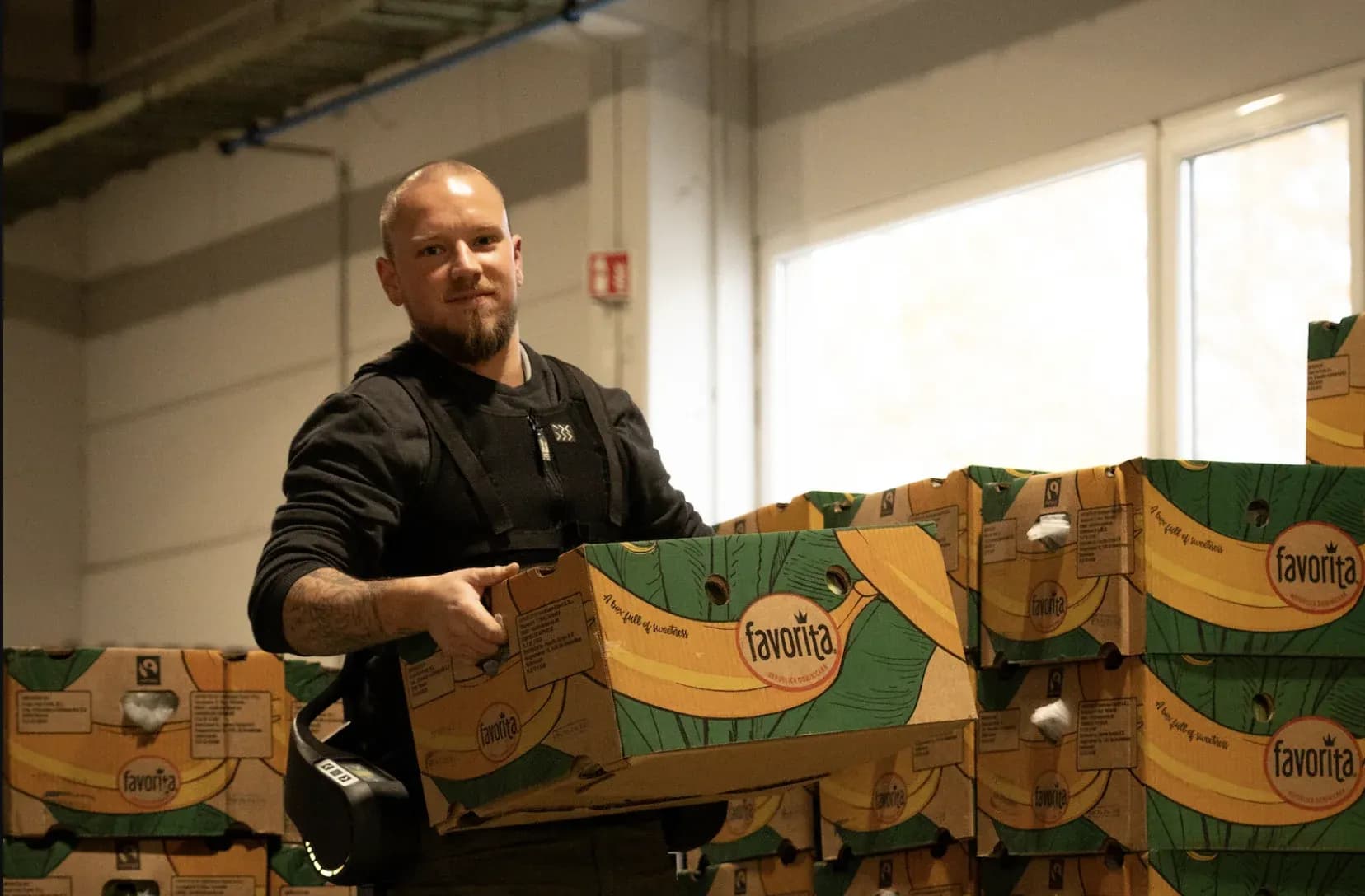 Mitarbeiter mit German-Bionic-Exoskelett hebt eine Bananenkiste bei Himbert (Obst- & Gemüse-Großhandel)